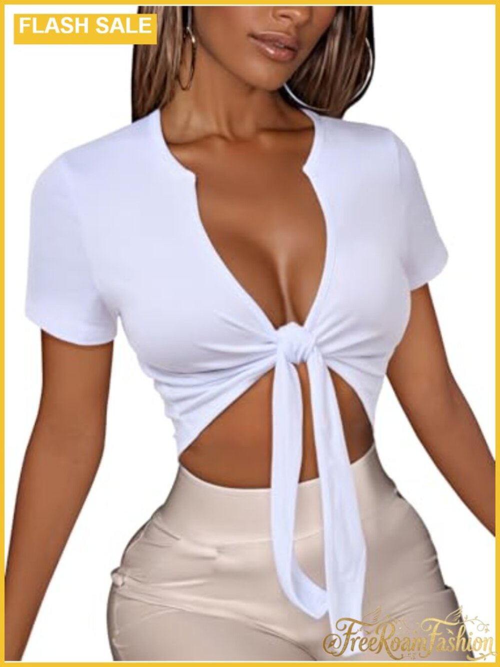 Tie Front Crop Top V Neck Short Sleeve Summer Slim Fit Tee